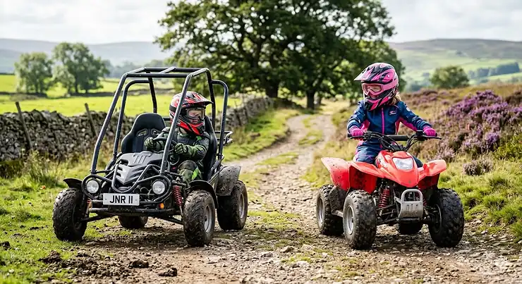 A side-by-side comparison of a child’s off-road buggy and a junior quad bike on a grassy track in the UK, helping parents decide which is better for kids. buggy vs quad bike which is better for kids