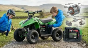 Illustration showing a child’s electric quad bike being charged via a UK 3-pin plug next to a petrol quad being refuelled.
