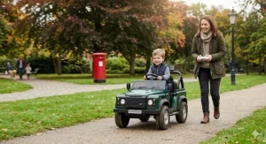 A boy driving a green Land Rover Defender electric buggy along a curving stone path in an autumnal British park, with a mother following with the remote control and a post box in the background.
