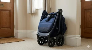 A single-seater stroller folded down into a compact size for storage in a small hallway.