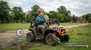 A ride-on buggy parked neatly inside a standard UK garden shed or garage.