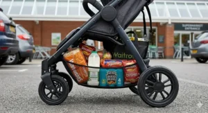 The large underseat storage basket of a side-by-side double pushchair filled with groceries.