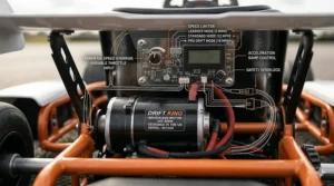 A photorealistic detailed close-up illustration of the annotated control panel on the Drift King electric motor unit, featuring a technical blueprint-style overlay with labels for parental controls including variable speed settings and a beginner limiter set to 5 mph.