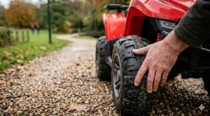 Close-up of the rugged, chunky tyres on a children's electric quad bike, designed for stability on garden surfaces.