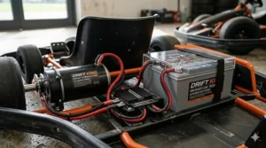 A photorealistic close-up illustration focusing on the internal componentry of an electric drift kart, with annotations pointing to the detailed high-torque 24V electric motor labelled Drift King and the grey lithium-ion battery pack with internal cell detail, both secured within the black and orange kart chassis frame.