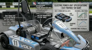 Close-up of a high-torque electric motor and battery pack found in modern eco-friendly go karts for UK kids.