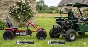 A side-by-side comparison showing a 24V electric motor and batteries in a go-kart versus a 50cc petrol engine and fuel tank in a buggy.