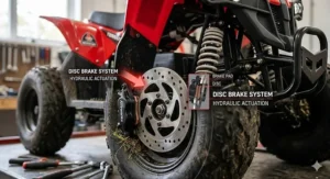 Technical illustration of the responsive front disc brake system on an electric quad bike for an 8-year-old.