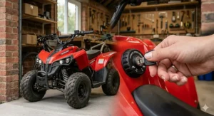 Illustration of a parental speed control key being inserted by an adult, a vital safety feature for an 8-year-old's electric quad.
