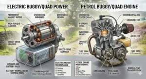 Comparison between a quiet electric motor and a 50cc petrol engine for children's off-road vehicles.