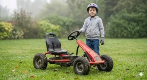 A 7-year-old boy standing in a garden wearing a Union Jack helmet and grey padded gloves, prepared for riding a red go-kart.