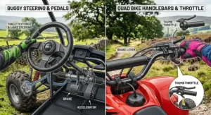 Close-up comparison of a buggy’s steering wheel and foot pedals versus a quad bike’s handlebars and thumb throttle.