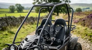 Illustration of a child’s off-road buggy highlighting the protective roll cage and safety harness features common in the UK market.