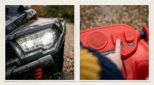 A split-view illustration showing the detailed LED headlights on the left and the handlebar sound controls on the right of the quad bike.