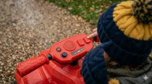 A close-up perspective of a child's hand interacting with the music and horn buttons on the quad bike's dashboard.