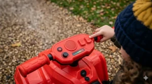 A detailed view of the handlebar-mounted control panel on a kids' quad, showing buttons for sound effects and music.