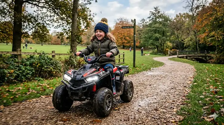 A vibrant electric kids' quad bike in action, featuring bright working LED headlights and a realistic sound effect console. kids quad with working lights and sounds