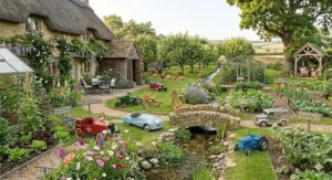 A stylish battery-powered ride-on motorcycle for children parked on a patio in the garden.