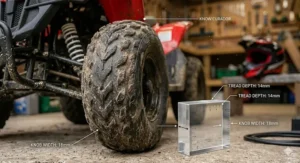 Close-up illustration of high-grip knobbly tyres on a child's electric quad, with a scale guide to show tread depth.