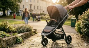 Close-up of a parent's hands steering a modern grey pushchair along a paved park path in the UK, with passers-by and a green litter bin in the background.