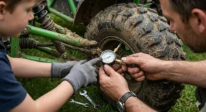 A close-up of a parent and child using a pressure gauge to check the tyre pressure on a muddy wheel of a green off-road buggy.