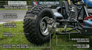 Deep-tread pneumatic tyres on a go kart designed for off-road use in British gardens or fields.