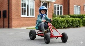 A 7-year-old boy wearing a full-face helmet smiling while steering a red pedal go-kart along a clean asphalt driveway in front of a red-brick house.