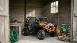 Two different coloured ride-on buggies, red and pink, parked on a driveway.