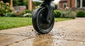 Standard plastic ride-on wheel slipping and scattering loose gravel on a garden pathway.