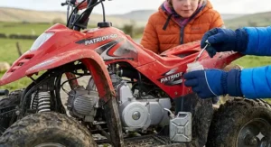 A silent electric quad bike being ridden in a suburban British back garden without disturbing neighbours.