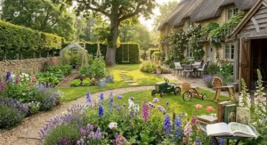 A magical unicorn-themed ride-on toy sitting in a flower-filled garden during a summer afternoon.