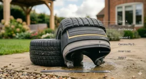 Cross-section diagram of a rubber tyre showing sound-dampening layers and structural integrity.