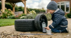 A child using a noise meter to compare the volume difference between rubber tyres and plastic wheels.