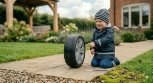 A child pointing to a rubber tyre, representing the peace of mind offered to parents by superior safety.