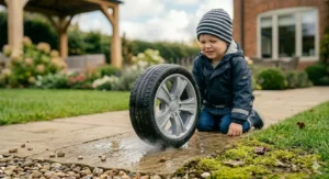 Demonstration of a rubber tyre providing reliable traction on a wet, sloped outdoor surface.