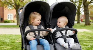 A toddler and a baby sitting together in a side-by-side double buggy during a walk.