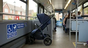 A single-seater buggy parked in the designated wheelchair and pram area on a British bus.