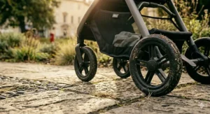 A close-up view of the durable black tyres and under-seat storage basket of a modern pushchair parked on a cobbled British path.