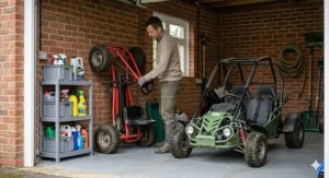 A parent in a tidy British single garage standing a red pedal go-kart vertically against a brick wall, while a green off-road buggy is parked beside it.