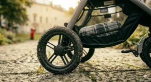 Detailed side profile of a pushchair's large mesh shopping basket containing a folded grey tartan blanket, highlighting the durable front tyre on a stone path.
