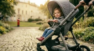 A young toddler sitting comfortably inside a grey buggy with a large sun canopy, wearing a winter coat and boots on a path in the UK.