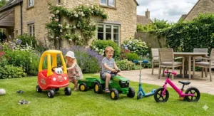 A toddler driving a small electric ride-on tractor across a paved garden path in summer.