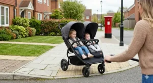 A tandem-style two-seater buggy fitting easily on a standard UK suburban pavement.