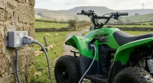 Illustration highlighting the eco-friendly, zero-emission benefits of choosing an electric quad over a petrol model.