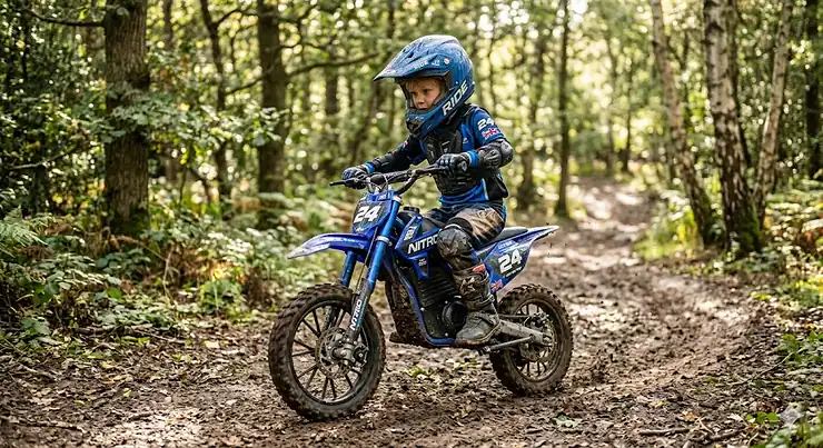 A young child riding a 24v electric dirt bike designed for 6 to 10-year-olds on a muddy woodland track. 24v electric dirt bike for 6-10 year old