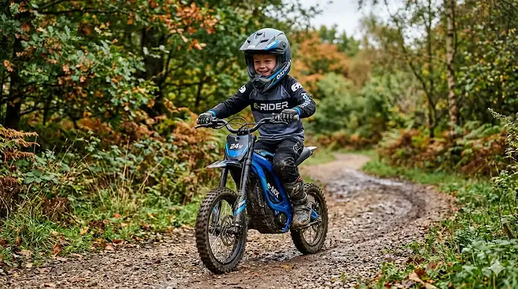 Blue 24v electric dirt bike for kids parked on a gravel path in a garden. 24v electric dirt bike for kids