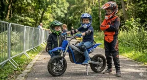 Three children standing together on a path, showing the scale of the 24v electric dirt bike for young riders.