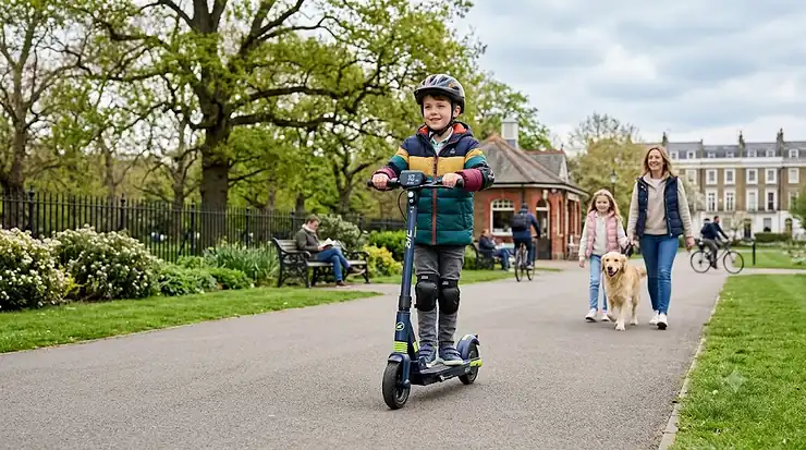 A six-year-old child wearing a helmet riding a 24v electric scooter in a park. 24v electric scooter for 6 year old