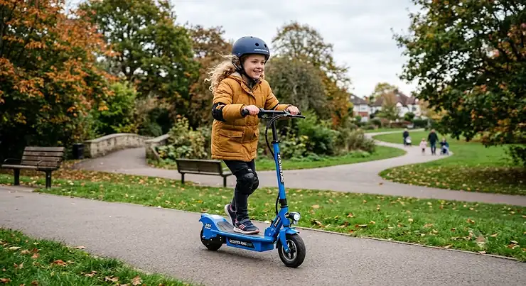 A child safely riding a 24v electric scooter on a park pathway, wearing a helmet and pads. 24v electric scooter for kids