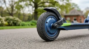 Close-up of 24v electric scooter showing anti-slip deck and reliable handbrake.